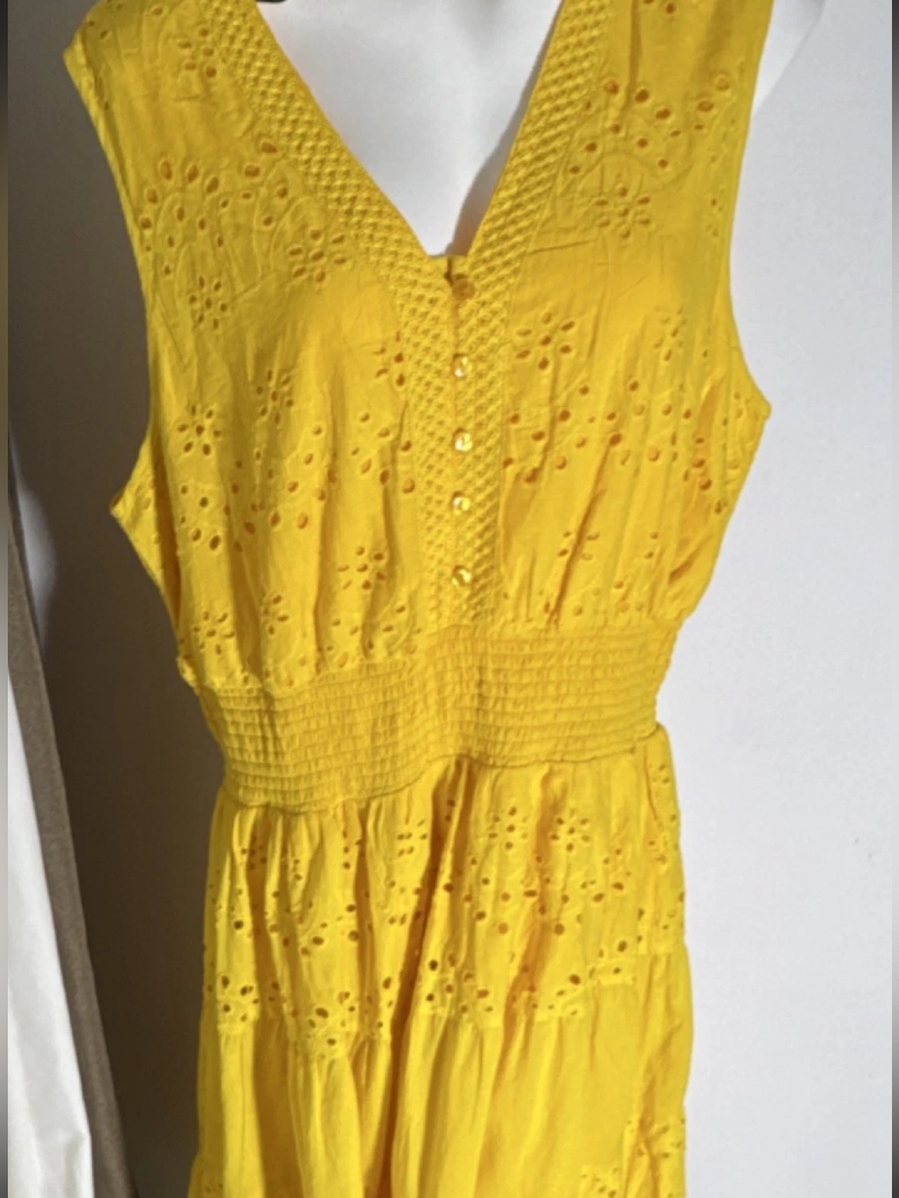 Bright Yellow Eyelet Midi Dress with Smocked Waist